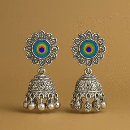 Rainbow Bloom Oxidized Silver Jhumka Earrings